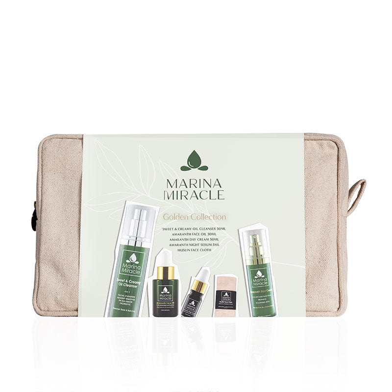 Golden Collection natural and organic skin care gift kit with cleanser, face cream, amaranth face oil and night serum.