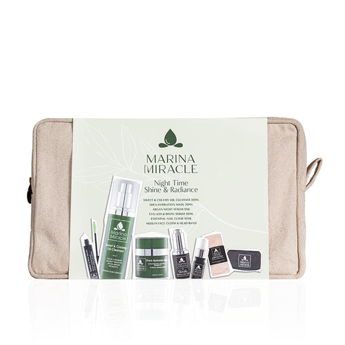 Night Time Shine & Radiance natural and organic skin care gift kit with cleanser, eyelash serum, nail oil, hydration mask and night serum.